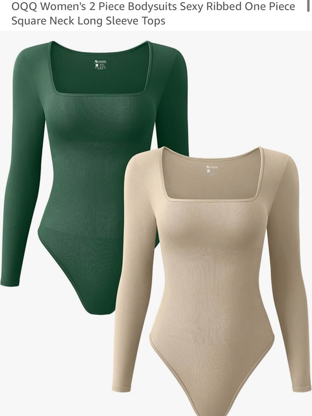 Amazon Ribbed Square-Neck Long Sleeve Bodysuits in Green & Beige
